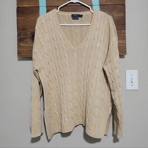 Polo Ralph Lauren Beige Pima Cotton V Neck Cable Knit Monocromatic Pony Sweater